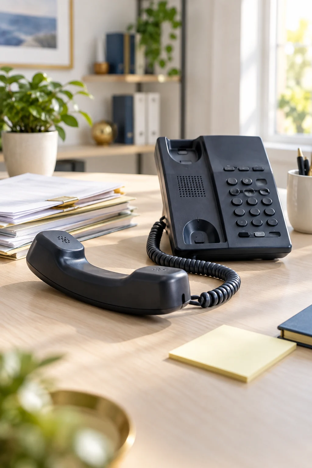A desk phone with its handset left off the hook beside unattended paperwork